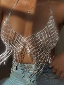 1pc Hollow Mesh Full Rhinestone Crystal Tassel Bikini Body Chain Necklace, Shiny Jewelry Decoration For Women, Party