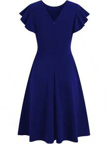 Women's Semi-Formal Ruffle Sleeve V-Back Work Fit And Flare Cocktail Knee Length Dress With Pockets, 2025 Style - 寶藍色 - View 4