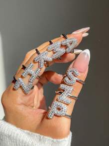 1 pieza Anillo exagerado de letra inicial de Hip-Hop plateado para mujer, anillo de letra inflado moderno y grueso, anillo de letra inicial personalizado ajustable, regalo de joyería de cumpleaños