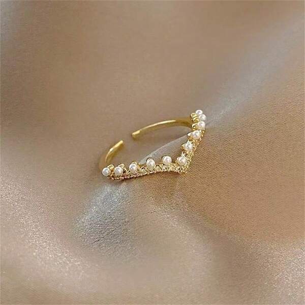1 pieza Anillo ajustable con forma de V lleno de cristales y perlas, diseño minimalista de moda