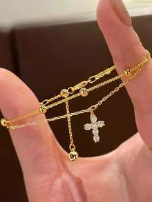 1pc Ascension Day Cross Inlaid Double-Layer Bracelet, Fashionable Luxury Copper Material, Suitable For Women's Daily Wear - Gold - View 2