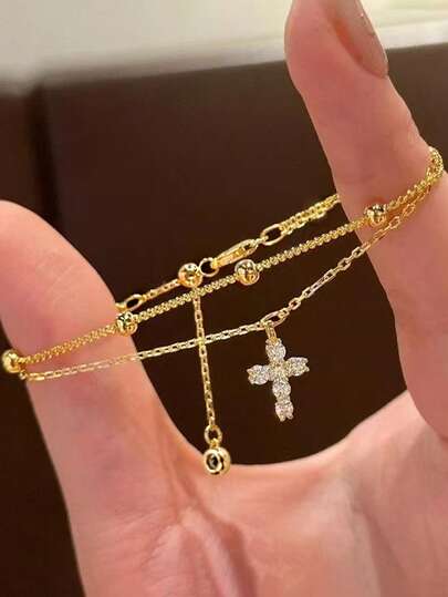 1 件双层十字架微镶嵌手链，奢华设计，铜材质，适合女性日常佩戴，银色