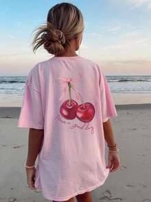 女士夏季字母樱桃印花圆领T恤，适合度假穿着，粉色休闲印花T恤 - 粉色 - 查看 7