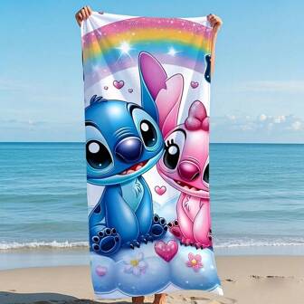 bandai 1 Stück Stitch & Engel Strandtuch - 100% Polyester Schnelltrocknend Badetuch mit lebendigen Cartoon-Motiven, Herzen & Sterne - 250g/qm für Strand, Pool, Reisen - Valentinstag, Vatertag Geschenk, Poolzubehör | verspieltes Design