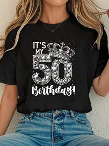 Summer Outfits For Women 50 Years Old It's My Birthday Funny 50th Birthday Women-Shirt Summer Outfits Women Shirts Women Graphic Tees Women Casual Graphic Tees Women Tops - 黑色 - 查看 1