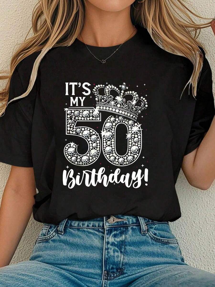 Summer Outfits For Women 50 Years Old It's My Birthday Funny 50th Birthday Women-Shirt Summer Outfits Women Shirts Women Graphic Tees Women Casual Graphic Tees Women Tops - 黑色 - 查看 1