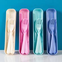 Japanese Creative Wheat Straw Portable Tableware Box Three-Piece Set Cute Chopstick Box Long Handle Spoon Fork