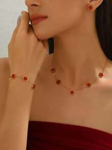 Juego de 4 piezas de nuevos pendientes, pulsera y collar con forma de flor de 5 pétalos de acero inoxidable y perlas imitación para San Valentín, mamá, madre, Día de la Madre, regalo