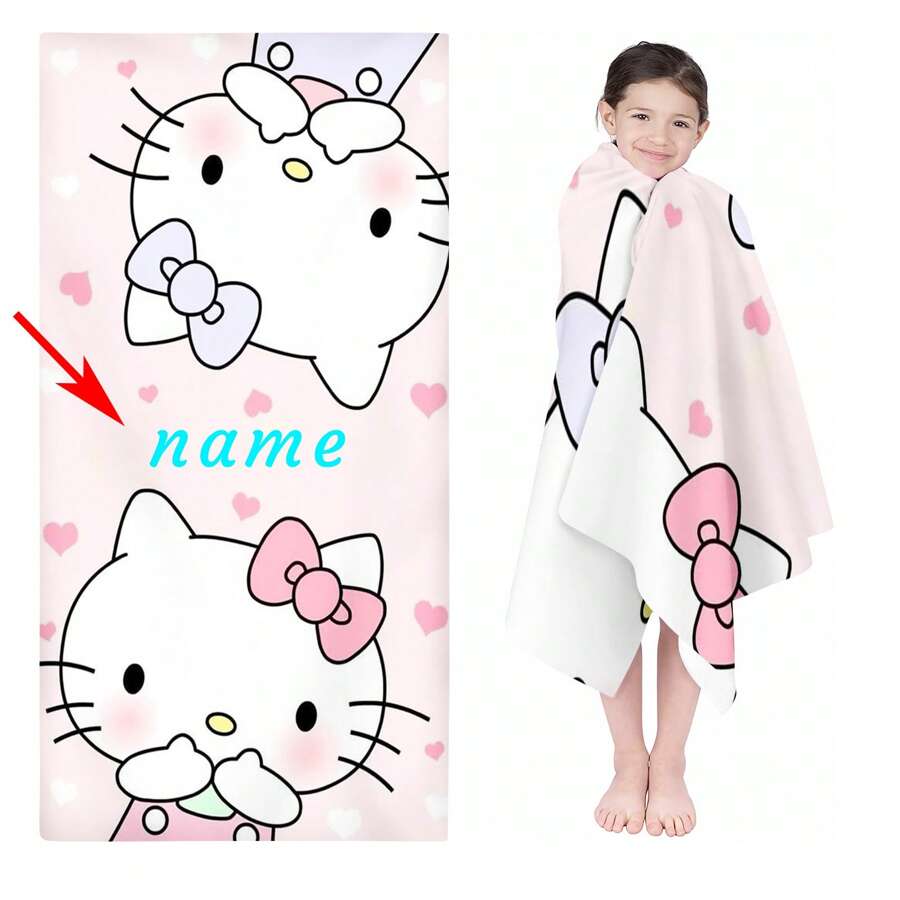 Sanrio 1 PIEZA personalizada con 2 gatitos opuestos, toallas de playa de verano, toallas de baño absorbentes y de secado rápido con estampado de dibujos animados, texto personalizado, impresión digital, chal protector solar para vacaciones en la playa, adecuado para niñas y adultos