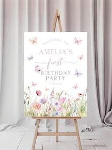 1pc- Customized Butterfly Birthday Party Poster, Butterfly First Birthday Welcome Sign, Pink Wildflower Welcome Poster, Butterfly Party Decoration, Editable Floral Birthday Poster, Printable First Birthday Poster, Personalized Customized Butterfly Birthday Welcome Poster - Multicolor - View 5