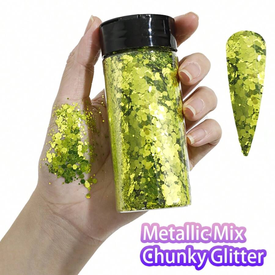 Metallic Mix Chunky Glitter 2.85oz/ 80g Polychrome Craft Glitter Powder Mixed Chunky Fine Flakes Iridescent Nail Sequins For Nail Art, Epoxy Painting, Festival Decor