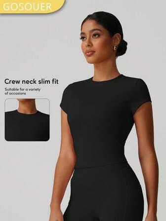 GOSOUER Camiseta de manga corta para mujer con cuello redondo, simple y transpirable, para yoga, ciclismo y deportes