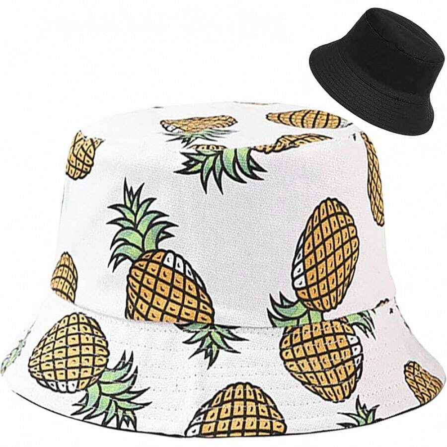 Reversible Bucket Hat For Women, Cute Beach Fisherman Style - Pineapple White - View 1