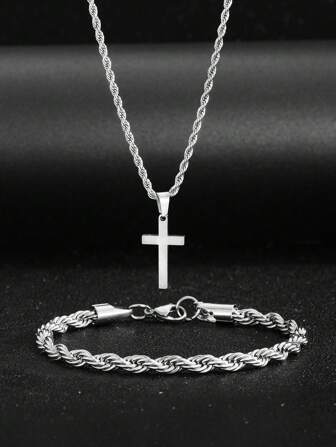 1set Teen Popular Hip Hop Stainless Steel Cross Pendant Rope Chain Necklace & Bracelet For Boys Girls Fashion Street Jewelry For Teen Birthday Gift