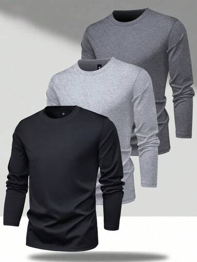 3 قطعة/مجموعة تيشيرتات بأكمام طويلة ذات لون أساسي للرجال، تيشيرتات كاجوال أساسية للربيع والخريف، مناسبة للشاطئ والمنتجعات والرياضة والجولف والصيد والكرة السلة والتخييم والجيم والأنشطة الخارجية، ملابس علوية طبقات رقيقة، هدية رائعة للحبيب/الزوج، العطلات