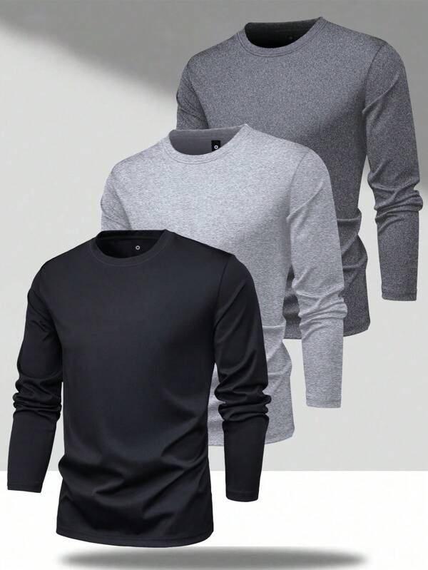 Set de 3 camisetas de manga larga de primavera y otoño para hombres, de unicolor y estilo básico, para la moda, la playa, las vacaciones, el ocio, los deportes, el golf, la pesca, el baloncesto, el camping, el gimnasio, las actividades al aire libre, camiseta interior ligera, regalo para novio/marido