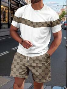 Set bărbătesc cu tricou, mânecă scurtă, guler rotund, imprimeu cu litere și numere, și pantaloni scurți cu șnur în talie, mărime mare, potrivit pentru ținute casual de vară - Multicolor - Vizualizare 1