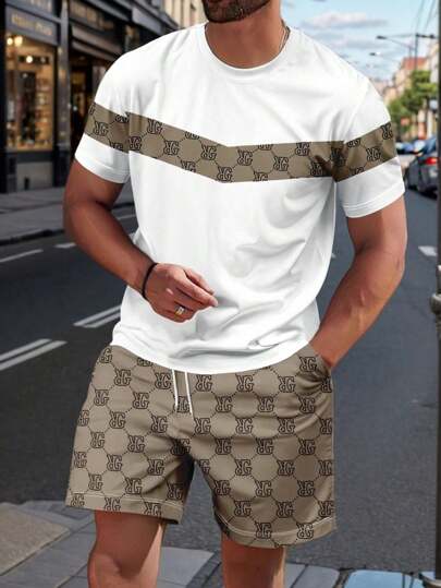 Plus Size Men 3D Letter Print Round Neck Short Sleeve T-Shirt And Drawstring Waist Shorts Set, Casual Wear For Summer