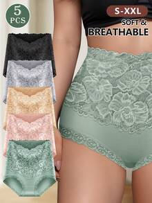 MEIYATING 5-Pack Women's Underwear High Waist Tummy Control Flower Lace Lace Solid Color Comfortable Cotton Briefs Daily Panties For Women - Multicolor - View 2