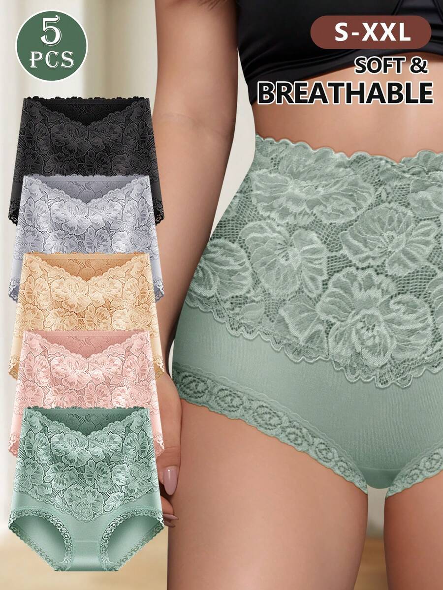 MEIYATING 5-Pack Women's Underwear High Waist Tummy Control Flower Lace Lace Solid Color Comfortable Cotton Briefs Daily Panties For Women