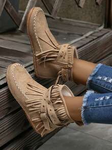 Fall/Winter Fringe Boots For Women Round Toe Flat Loafers New Autumn Side Zipper Plush Casual Boots - Beige - View 2
