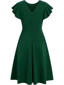 Women's Semi-Formal Ruffle Sleeve V-Back Work Fit And Flare Cocktail Knee Length Dress With Pockets, 2025 Style - 墨綠色 - 查看 4