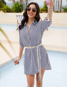 Women's Swimsuit Cover - Ups White Chiffon Bikini Swimwear Beach Dress Outfits Summer 6HQS - 藍白條紋 - 查看 3