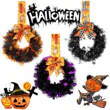 1 buc pandantiv cu fundă de Halloween, articole de decor pentru petrecere cu fantome, craniu dovleac, benzi colorate, inel artificial din ratan pentru ușă, decor de casă, decor de Halloween, decor de toamnă, decor de cameră, decor de toamnă