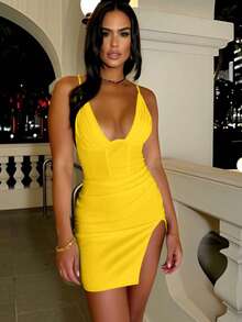 Women's Short Bodycon Crossover Cami Dress With Ruching And Slit, Suitable For Parties, Dates, Vacation And Various Occasions, Back To School Style - Yellow - View 5