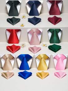 1 Set Men's Solid Color 8cm Necktie & Pocket Square Set, Satin Tie & Handkerchief Set, Business Tie And Pocket Square