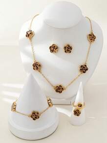 1 Set Fashionable & Elegant Metal 5 Leaf Clover Flower Bracelet, Necklace, Earrings, Ring, Bangle Jewelry Set, Versatile & Chic For Women