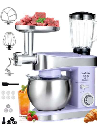 SEASPARK 6-In-1 Kitchen Electric Stand Mixer, 6-Speed Tilting Mixer With Pulse Button, Including 6.3qt Stainless Steel Bowl, Dough Hook, Mixer, Egg Mixer, Spatula,Purple