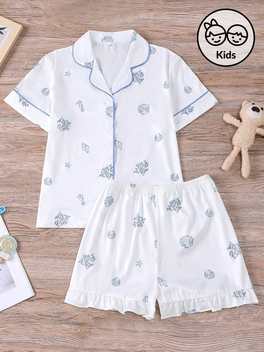 2pcs/Set Blue Shell Sea Horse Children Pajama Set, Girls Short Sleeve Cartoon Cute Summer Sleepwear Suit For Kids - White - View 1