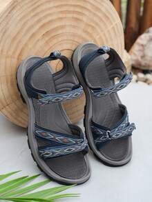 女士休闲凉鞋，柔软舒适鞋底，简约双绑带设计，可调节魔术贴闭合，适合通勤、购物、休闲出游。菱形图案波西米亚风编织面料，平底夏季沙滩凉鞋 - 藍色 - 查看 6