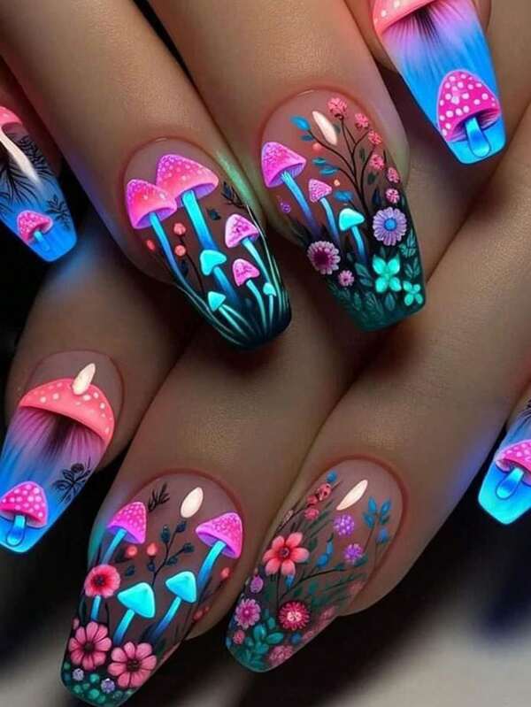 24pcs Short Ballet Press On Nails, Gothic Mushroom Design, Colorful Mystical Rainforest Umbrella Matte Finish Acrylic Nail Kit, Reusable Nail Tips For Women, Exotic World