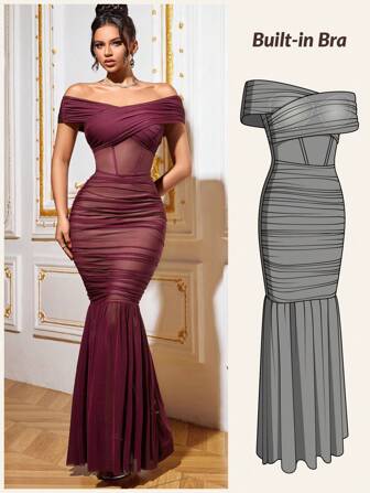 CurvySweet 正式褶裥网纱连衣裙，优雅可变换肩部设计的美人鱼晚礼服，内置胸罩，适合婚礼宾客、慈善晚宴、庆典、生日、周年纪念等正式场合穿着。