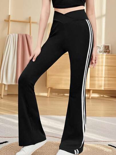 Girls Flared Pants, Children's Elastic Waist Slim Fit Workout Leggings With Side Stripes, Fitness Running Pants, Casual Flare Leg Trousers, Yoga Pants For Older Tween Girl