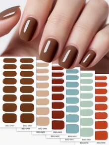 96 片棕色半固化凝胶指甲贴，多色纯色自粘凝胶指甲贴纸套装，烤箱灯硬化，沙龙品质，易于修甲，需要紫外线灯，适合女士居家 DIY 快速美甲指甲贴花贴纸