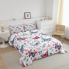 Juego de ropa de cama Queen Size con mariposas, juego de edredón floral con mariposas para niños, mujeres y hombres, ultra suave y hermoso edredón con estampado floral y botánico, juego de edredón y funda nórdica para decoración de habitación - Multicolor - Ver 2