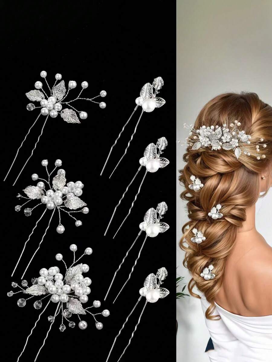 7pcs/Set Bridal Hairpin Combination Headpiece, Handmade White Pearl Alloy Leaf & Flower Design Hair Pins, Suitable For Wedding Dress Accessories