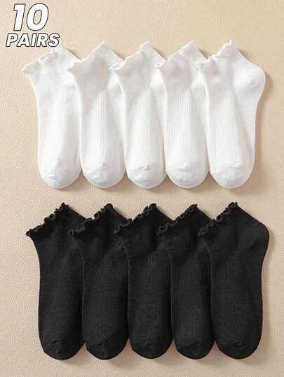 10 أزواج/ عبوة جوارب نساء رقيقة مناسبة للربيع والصيف ماصة للعرق وقابلة للتنفس باللونين الأبيض والأسود، مناسبة لأنشطة الرياضة البسيطة والتجمعات وارتداء الطالبات، مناسبة للأحذية البيضاء الصغيرة
