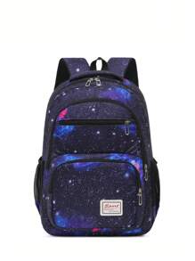 Casual High Capacity Starry Sky Print Multi-Pocket Functional Backpack, Men's Portable School College Style Bookbag For Study, Errands, Travel