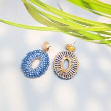 1 Pair Handmade Elliptical Hollow Boho Style Fashion Faux Crystal Earrings, Suitable For Women, Beach Holiday Or Daily Matching