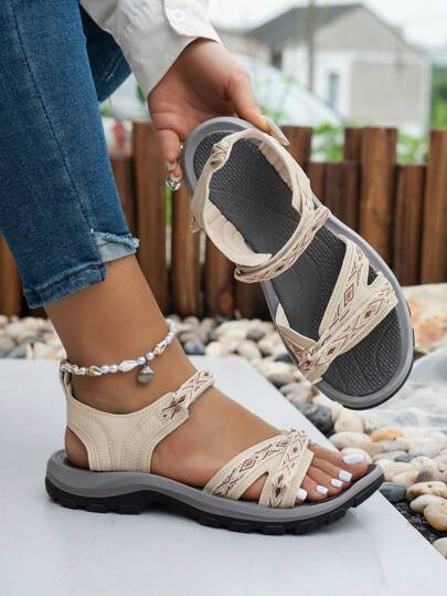 Women's Casual Sandals, Soft & Comfortable Soles, Simple & Stylish Double Strap Design With Adjustable Hook & Loop Closure, Suitable For Commuting, Walking, Leisure Outings. Geometric Bohemian Weave Pattern, Flat Sandals For Summer Beach