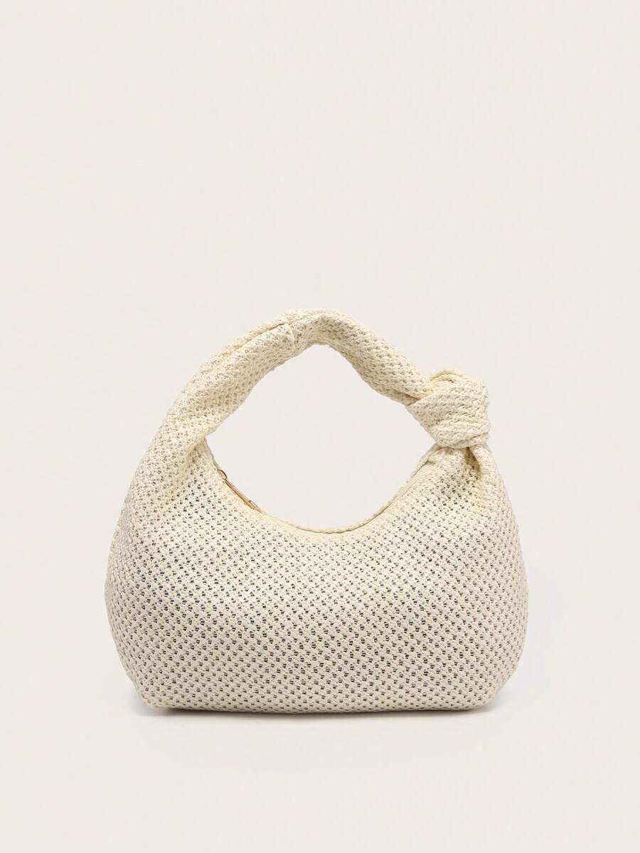 女士纯色新月形手提包，百搭时尚，配有打结单手柄，适合腋下携带和旅行。 - 米色 - 查看 1