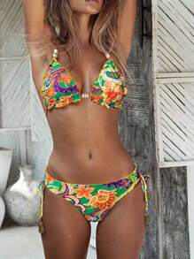 2pcs/Set Sexy Backless Allover Print Bikini Set, For Beach, Vacation, Summer - Green and Yellow - View 2