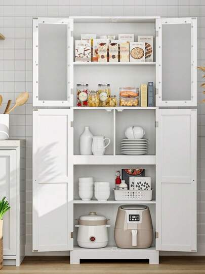 Bathroom Tall Cabinet, Bathroom Storage Cabinet With 4 Doors And 6 Storage Compartments, Wooden Freestanding Cupboard For Living Room Entryway And Office, White