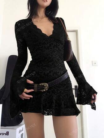 Set de 2 vestidos con mangas acampanadas y parches de encaje, para primavera/verano para mujer