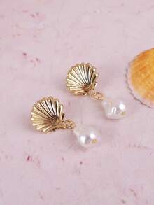 2pcs Marine Style Shell Earrings, Alloy Asymmetric Pearl Stud Earrings, Suitable For Beach, Wedding, Bridesmaid Wearing - Shell Earrings - View 5