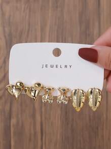 6pcs/Set Fashion CCB Geometric C Shape Heart Bear Leaf Water Drop Earring Set, Suitable For Ladies Daily Wear, Beach, Resort, Concert, Party, Gift